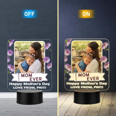 Personalized Mother’s Day LED Night Light Photo Frame | Best Mom Ever Quote Engraved Lamp Unique Birthday or Mothers Day Gift for Mom from Daughter or Son | Warm White Light